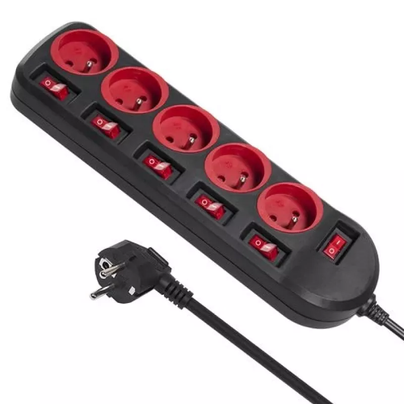 Verlengsnoer MACLEAN MCE204 1,5 m kabel, 5 AC-stopcontacten, binnen, zwart/rood