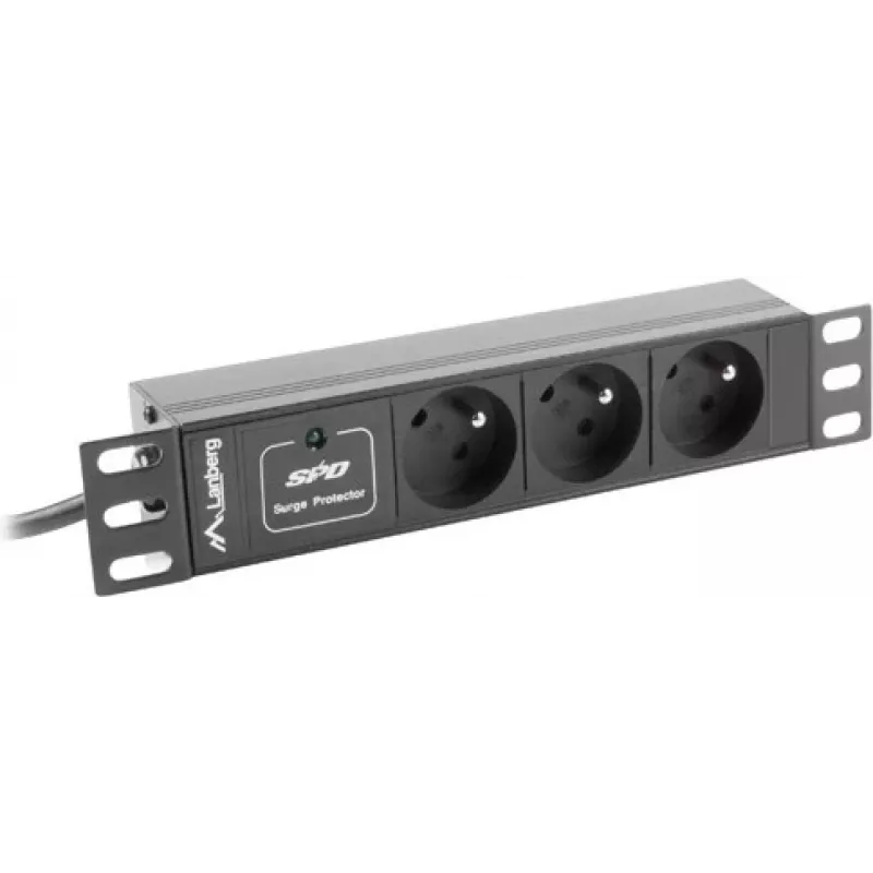 Stekkerdoos LANBERG PDU-03E-0200-BK — 1HE, 3x Type-E stopcontacten, 220–250 V, 16 A, 2 m kabel, zwart