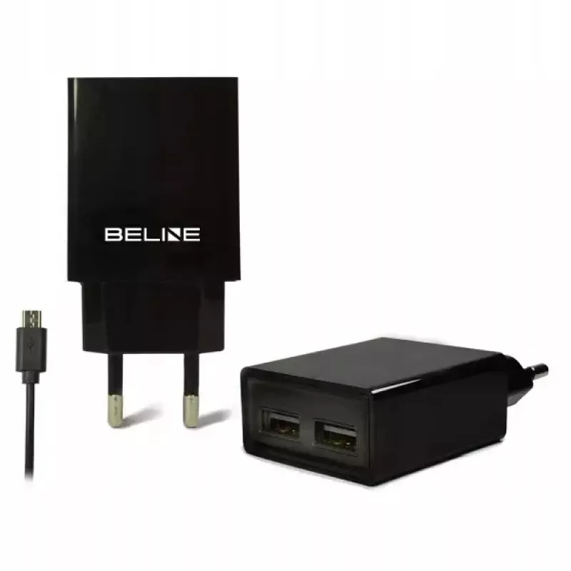 Reisoplader Beline Beli0011 — 2×USB-aansluitingen, microUSB-kabel, 2A uitgang, zwart