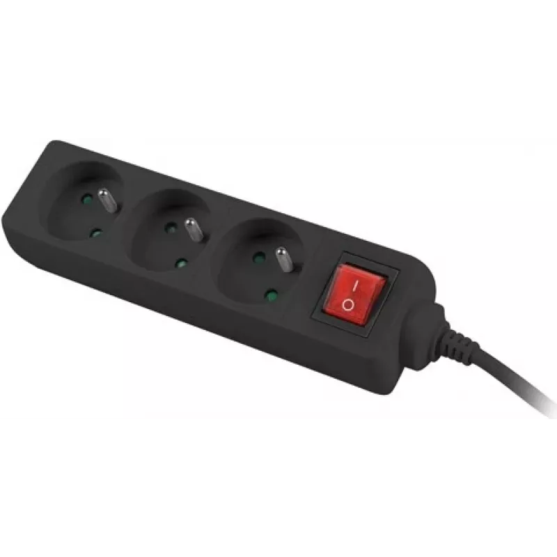 Stekkerdoos 3 m, zwart, 3 stopcontacten, met schakelaar, kabel van massief koper