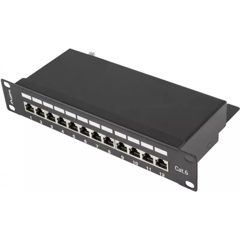 Patchpanel LANBERG PPF6-9012-B — 12-poorts RJ45, metaal, zwart, 1U (215×44,5×130 mm)