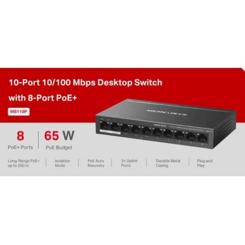 Switch Mercusys MS110P 10 poorten 10/100Mbps POE+ 8 poorten (versie 1.0)