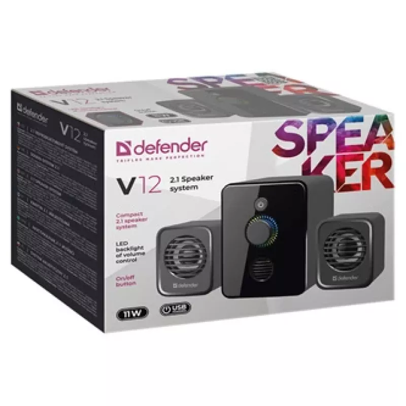 Defender V12 65212 2.1 computerluidsprekers, 11 W, 5 W subwoofer, USB-voeding, led-verlichting, zwart, 115 x 130 x 223 mm