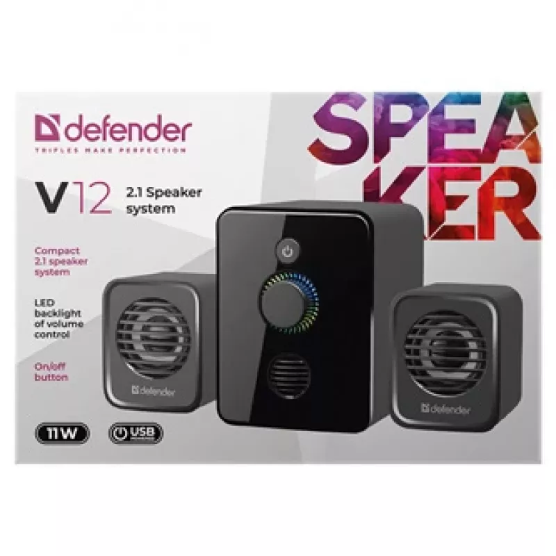 Defender V12 65212 2.1 computerluidsprekers, 11 W, 5 W subwoofer, USB-voeding, led-verlichting, zwart, 115 x 130 x 223 mm