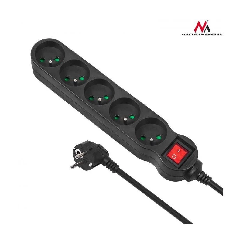 Verlengsnoer MACLEAN MCE185 — 5 m kabel, 5 stopcontacten type F, binnen, zwart