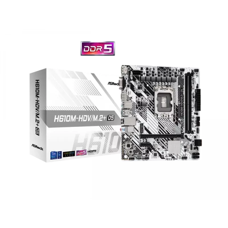 ASRock H610M-HDV/M.2+ D5 moederbord, Intel H610, LGA 1700, Micro-ATX, 2x DDR5 DIMM (max. 96 GB), PCIe 4.0 x16, 1x M.2, 4x SATA III, HDMI, DisplayPort, VGA, USB-C 3.2 Gen 1, Gigabit LAN