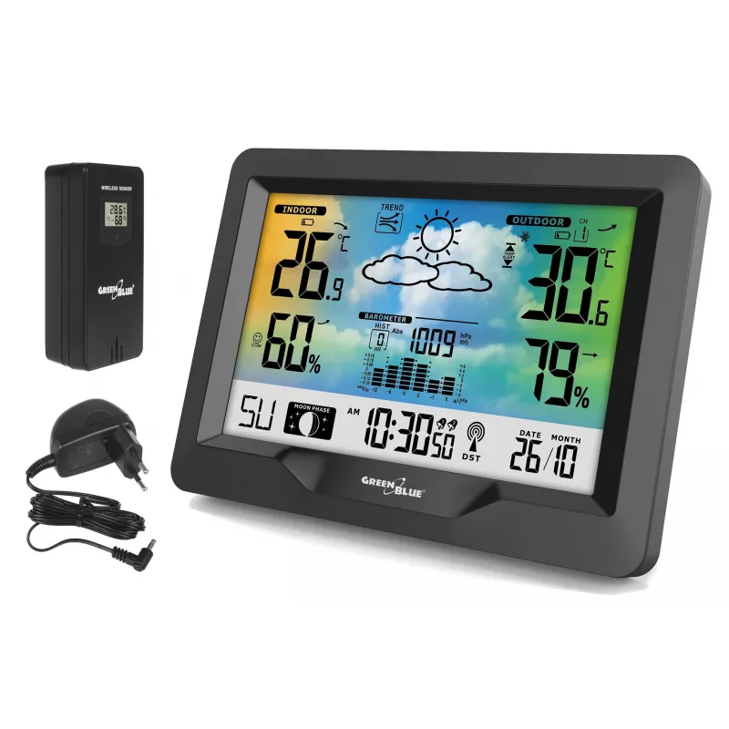Hygrometer thermometer GreenBlue GB540 — indoor 0–50°C / outdoor -20–65°C, DCF-klok, buitensensor 60 m, zwart