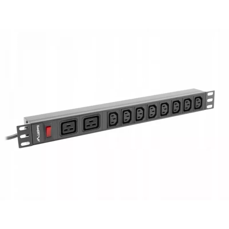 Rack-mount stroomverdeleenheid LANBERG PDU-02I1908I-0200-C20-BK — 1U, 10×C13, 16A, 2 m kabel, 19 inch