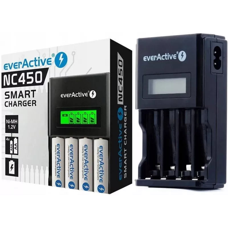 Accuoplader everActive NC450B — 4-cellen AAA-oplader, 110/230V AC, zwart