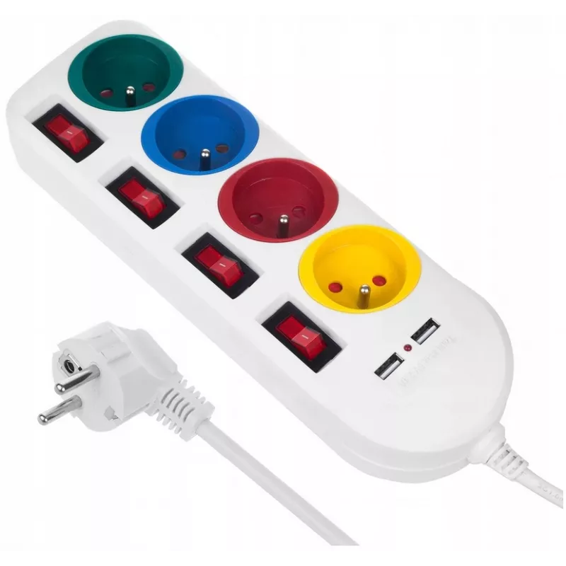 Stekkerdoos MACLEAN MCE229W — 4 stopcontacten, 2× USB, 1,5 m kabel, type F, 10 A, wit
