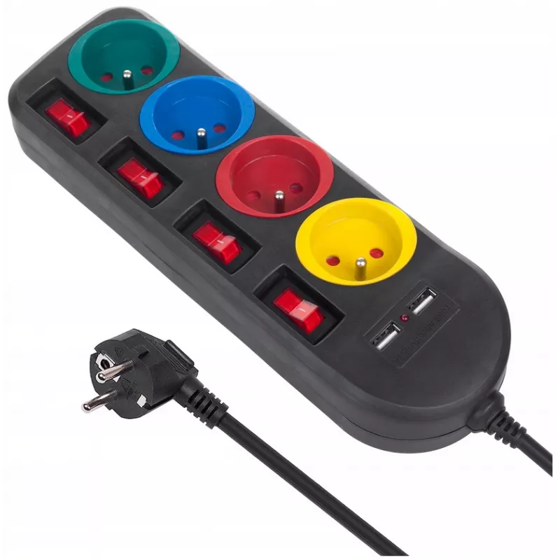 Stekkerdoos MACLEAN MCE229B — 4 AC-stopcontacten, 2× USB-A, 1,5 m kabel, 10 A, type F, binnen, zwart