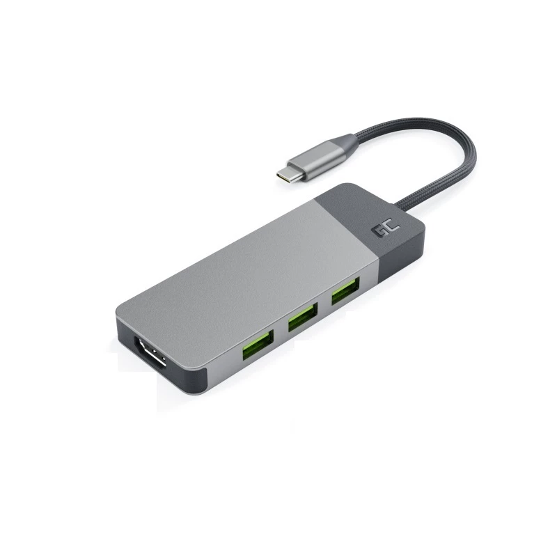 USB Type-C-hub Green Cell HUBGC01 — 7 aansluitingen: 3×USB-A 3.2 Gen 1, 1×USB-C 3.2 Gen 1, HDMI, microSD+SD-kaartlezer — zilver