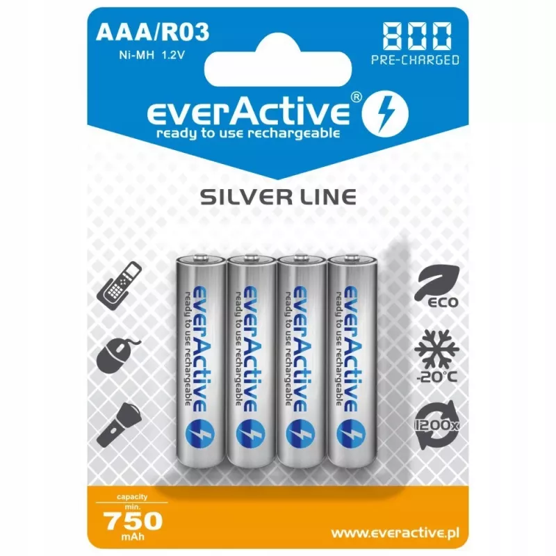 Oplaadbare AAA NiMH-batterijen everActive EVHRL03-800 – 1,2 V, 4 stuks, cilindrisch 44,5×10,5 mm