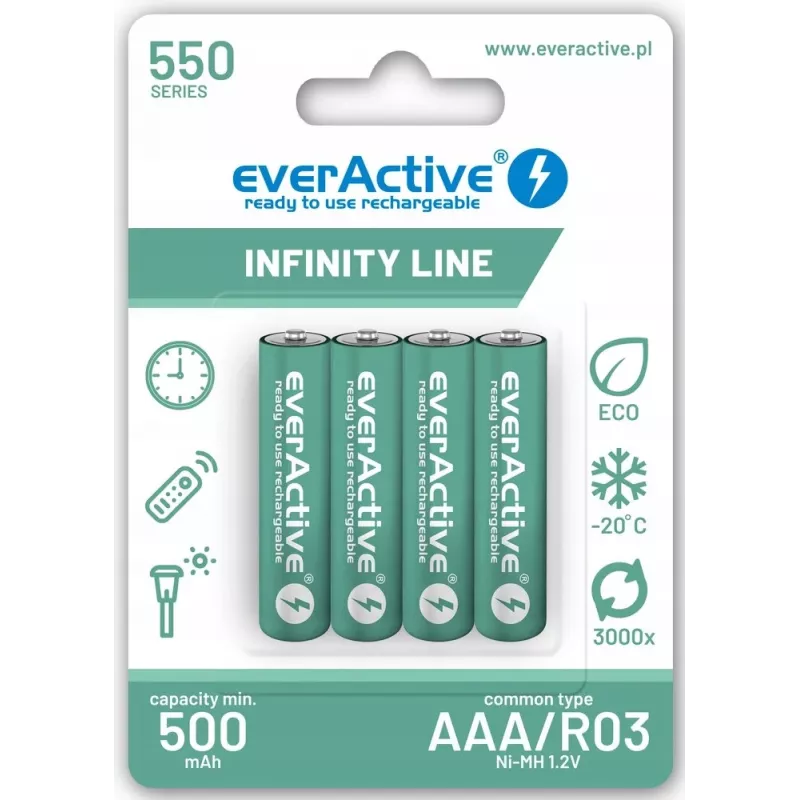 Oplaadbare AAA-NiMH-accu's everActive EVHRL03-550 1,2 V 550 mAh 4-pack, cilindrisch R03