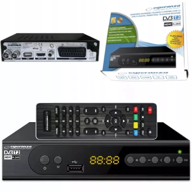 Set-top-box ESPERANZA EV106R kabeltuner DVB-T2 / DVB-C HEVC H.265, HDMI, USB, PVR, Dolby Digital, 174–790 MHz, zwart