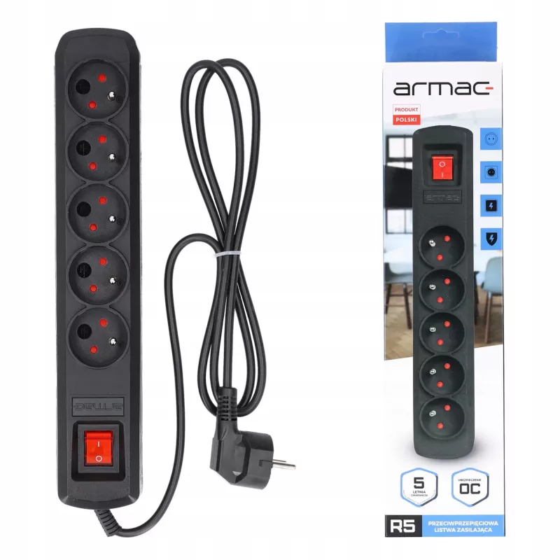 Stekkerdoos ARMAC R5 — 5 stopcontacten, 5 m kabel, zwart