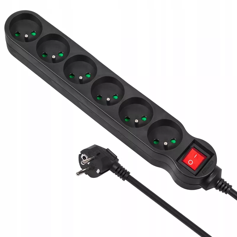 Verlengsnoer MACLEAN MCE225 — 1.5 m kabel, 6 Type F AC-stopcontacten, binnen, zwart
