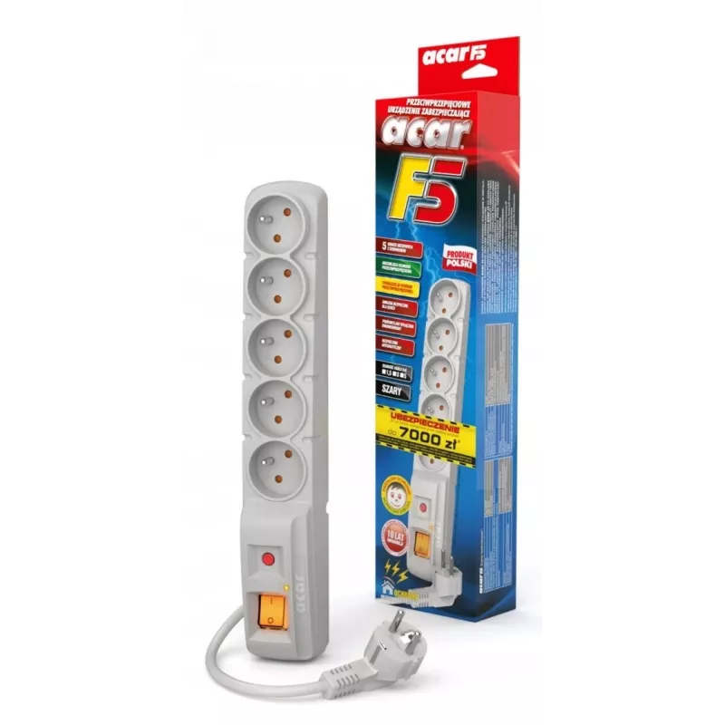 ACAR F5 overspanningsbeveiliging stekkerdoos 5 stopcontacten 3m grijs