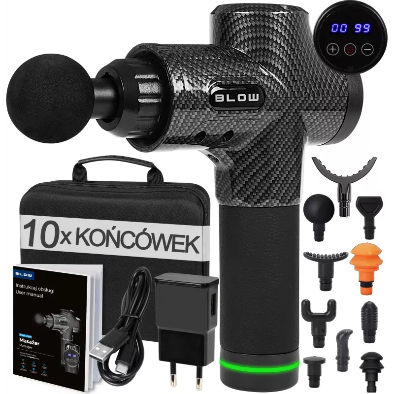 BLOW Wave 4000 44-340# massagepistool, 30 snelheden, 10 opzetstukken, 100 W, LCD-touchdisplay, USB-C, zwart