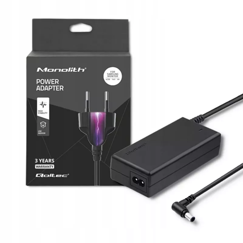 Qoltec 51773 netadapter voor Samsung-monitoren, 42 W, 14 V 3 A, 6,5x4,4 mm-stekker, ingang 220–240 V 50/60 Hz