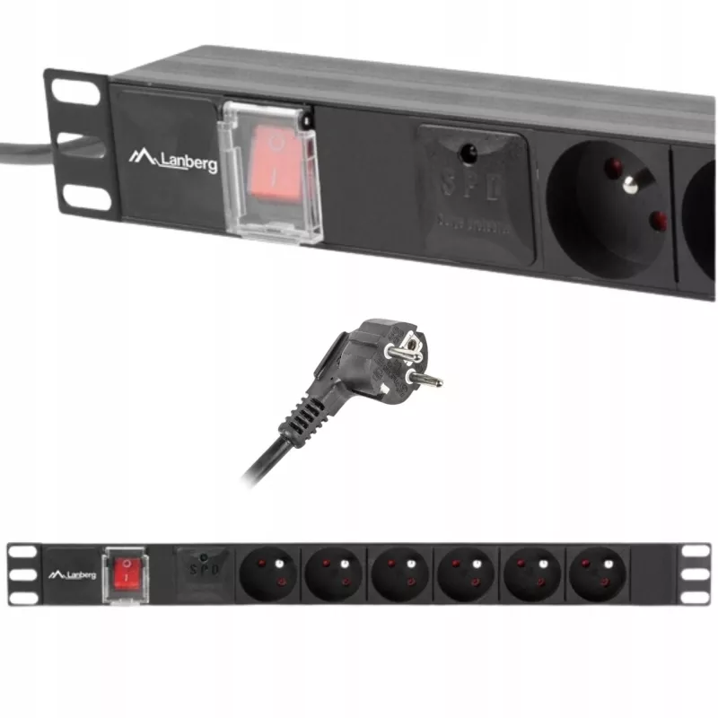 Stroomverdeeleenheid LANBERG PDU-06E-0200-BK — 6x Type-E-uitgangen, 16 A, 2 m kabel, 1HE rack, 220–250 V
