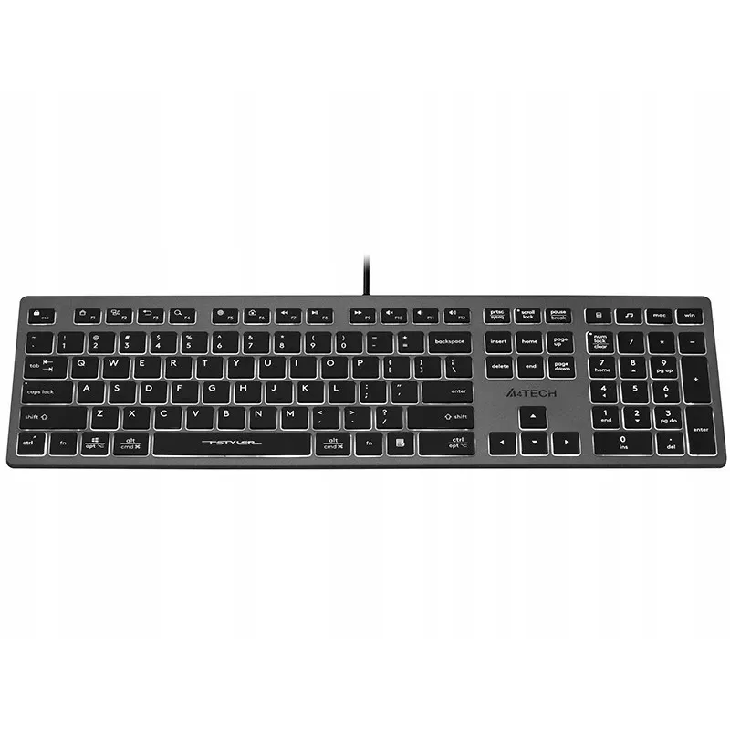 Bekabeld A4Tech-toetsenbord FX60H USB QWERTY – Full-Size 100%, achtergrondverlichting wit, grijs, USB-hub