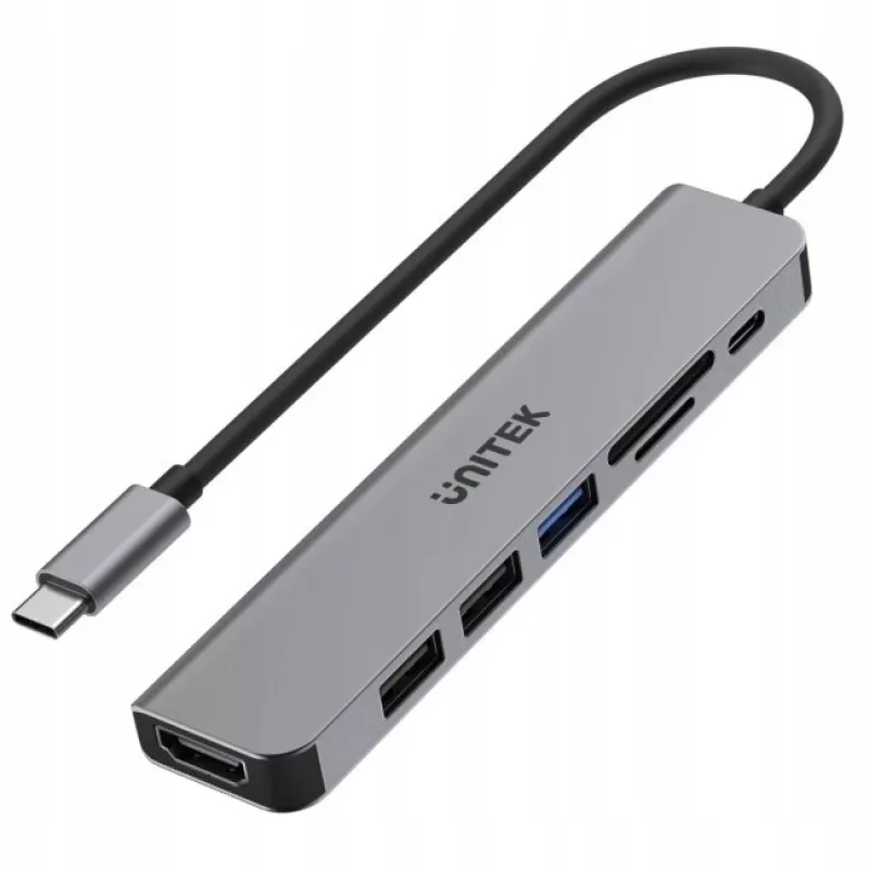 USB-C hub Unitek 7in1 aluminium PD 100W 5 Gbps — multiport-adapter met Power Delivery