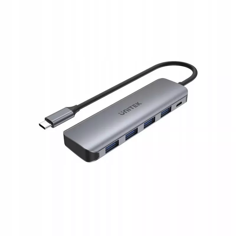 USB-hub Unitek P5+ — 5 poorten (4 × USB 3.2 Gen 2 Type-A), USB 3.2 Gen 1 host, 5 Gbit/s, 10 W PD, aluminium, grijs