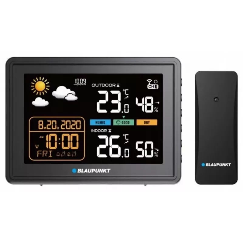 Weerstation BLAUPUNKT WS30BK met draadloze buitensensor, kleuren-LCD, klok, alarm, barometer, °C, 1 sensor