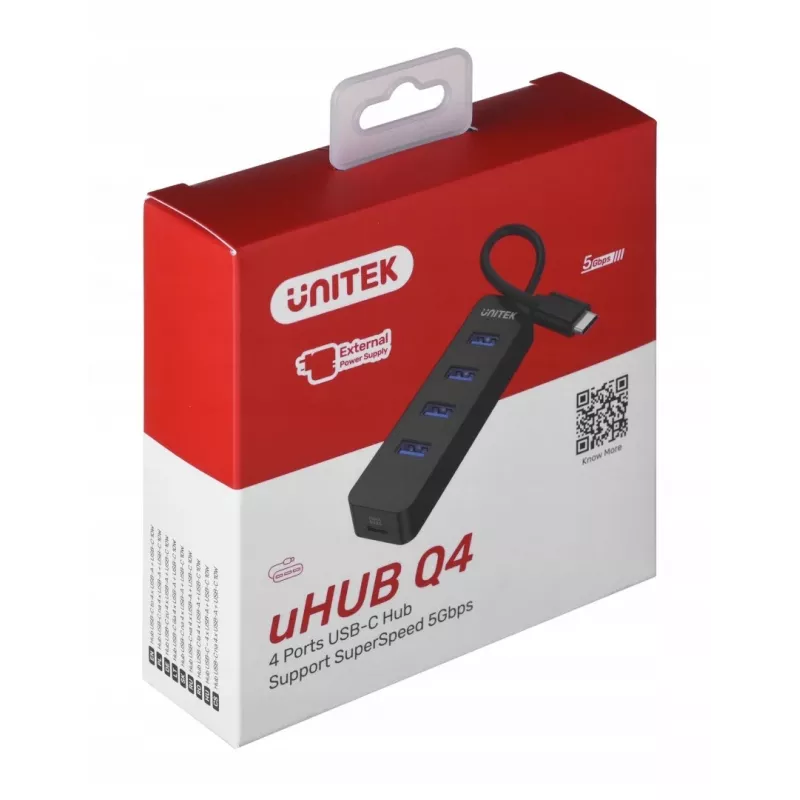USB-hub Unitek uHUB Q4 – 4-poorts USB 3.2 Gen 1 (Type-A) hub, USB-C host, 5 Gbit/s, 10 W, zwart