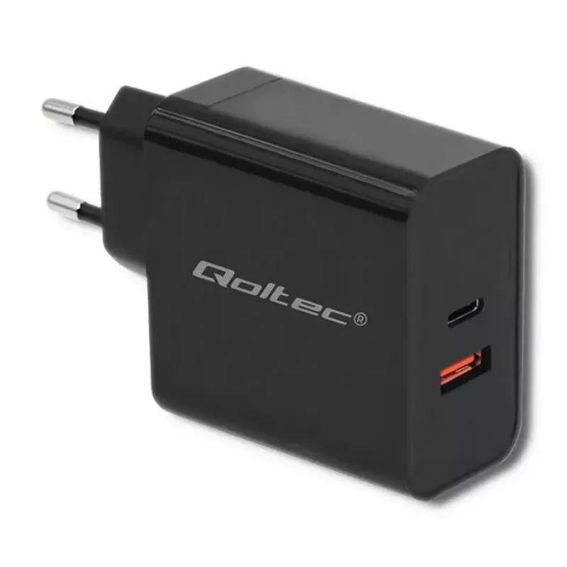 Qoltec 51716 wandlader 63 W, USB-C PD + USB QC 3.0, 5-20 V 1,5-3 A, zwart