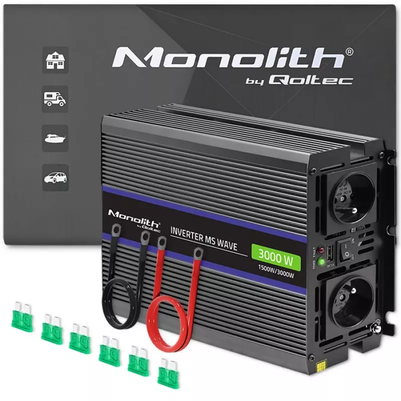 Omvormer QOLTEC Monolith 3000 MS Wave, 12V→230V, 1500/3000W, met USB