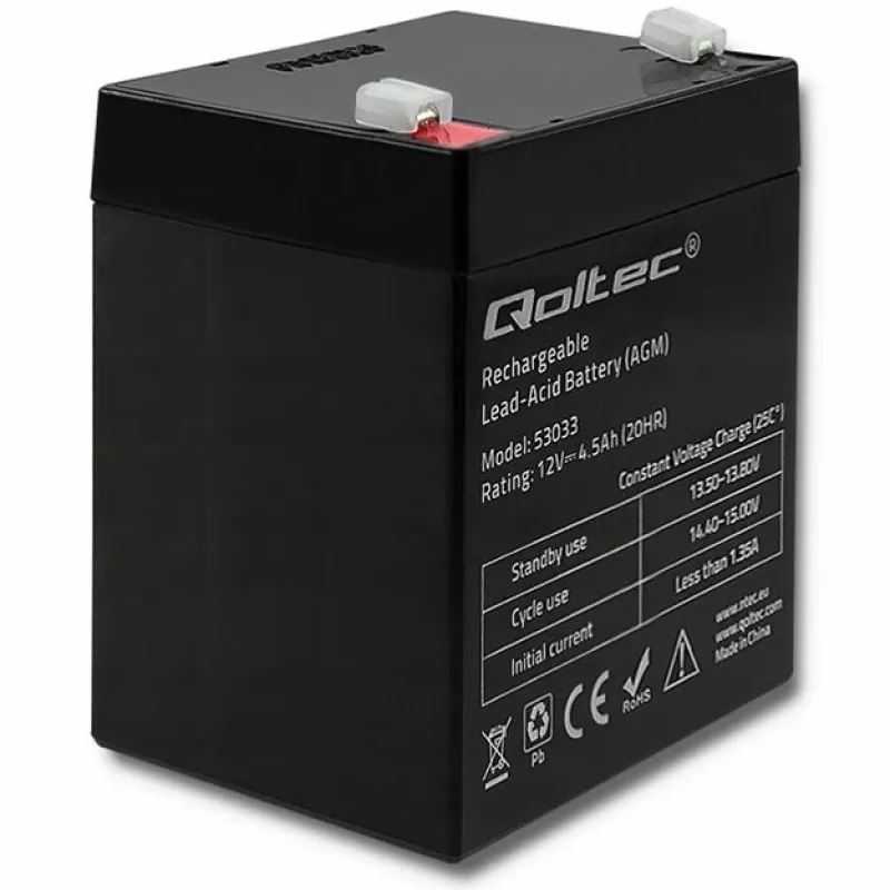 Qoltec 53033 AGM-accu 12 V 4,5 Ah, max. 1,35 A, onderhoudsvrij