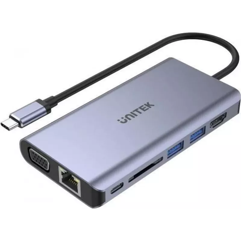 UNITEK uHUB O8+ bekabelde USB 3.2 Gen 1 Type-C hub, grijs, 100W Power Delivery