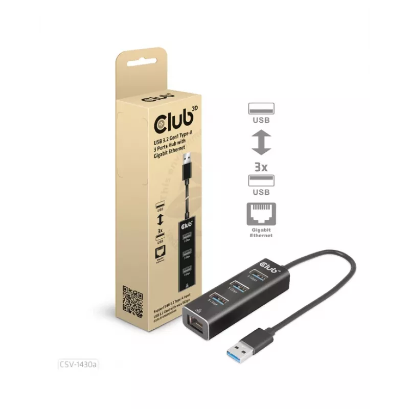 USB-hub CLUB3D USB 3.2 Gen1 Type-A met 3 aansluitingen en Gigabit-Ethernet