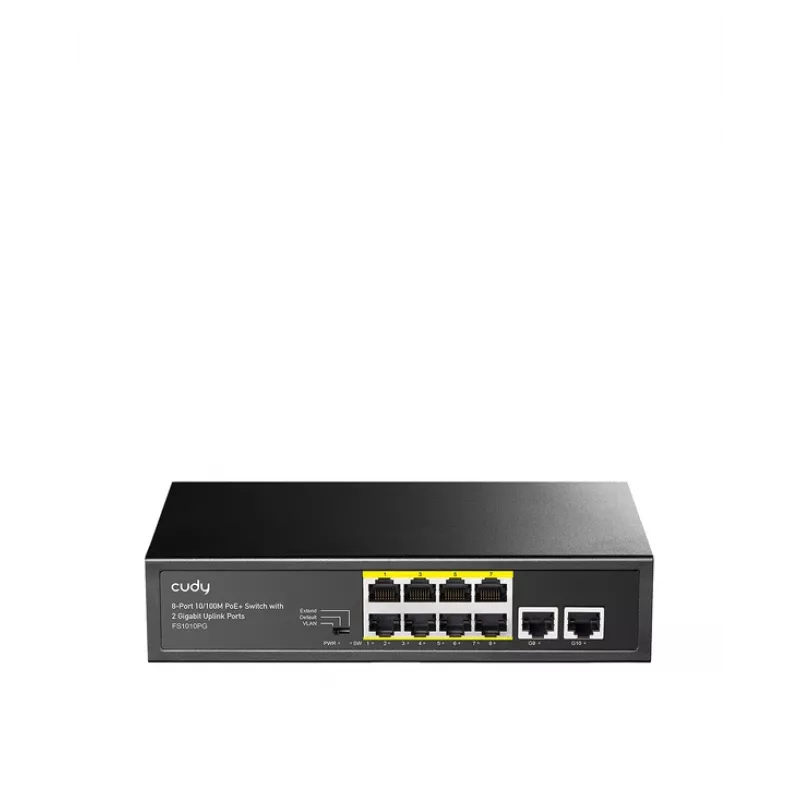 Netwerk-switch Cudy FS1010PG — 10/100 Mbps, 8 PoE-poorten, 2 uplink, 120W PoE-budget, metalen behuizing