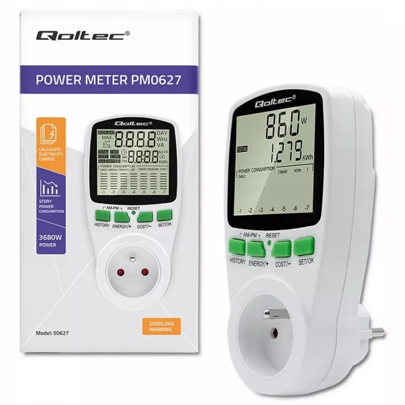 Vermogensmeter QOLTEC PM0627 3680W met historie — QOLTEC PM0627 3680W