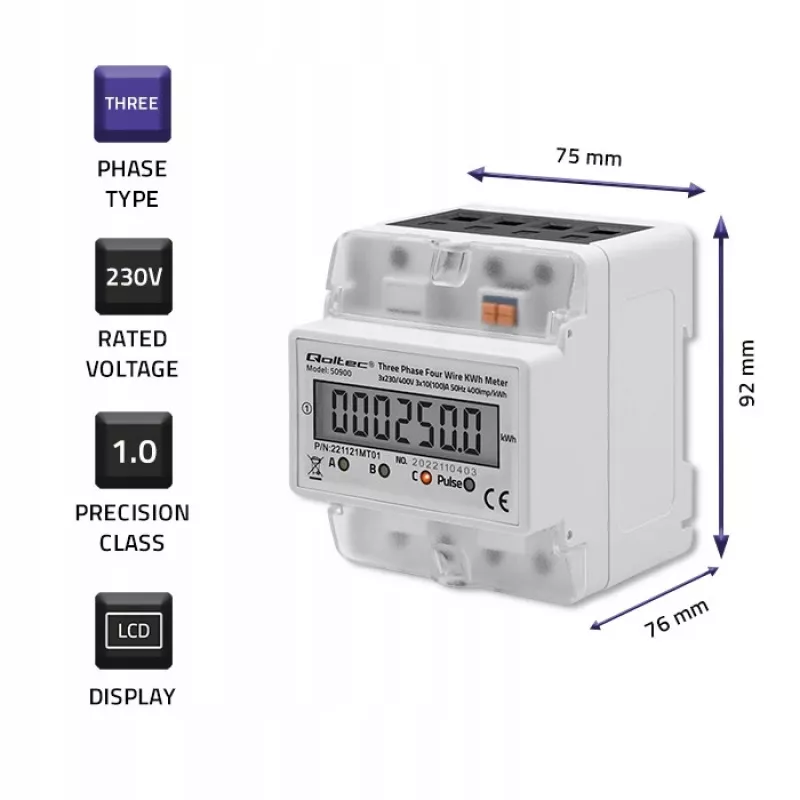 Driefasige elektronische energiemeter QOLTEC 50900 400V LCD 4P