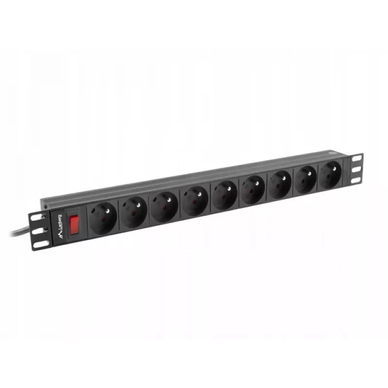 Power Distribution Unit LANBERG PDU-09E-0300-BK — 9x stopcontact type E, 16 A, 220–250 V, 3 m kabel, 1U-rack, 19 inch