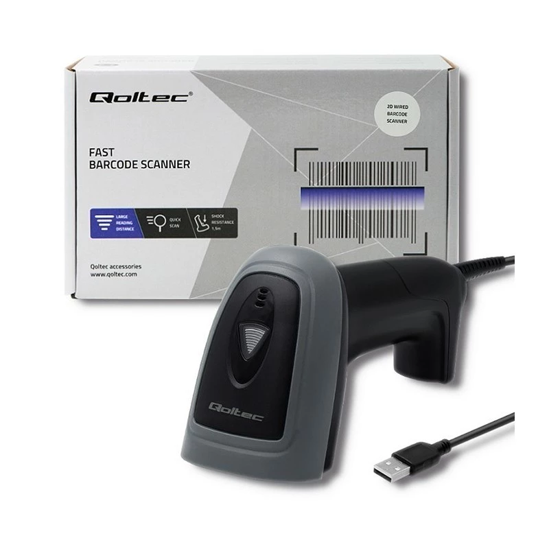 Handbarcodescanner QOLTEC 50863 — 1D/2D-scanner, USB bekabeld, LED-sensor, zwart, 5V, 1,8 m kabel