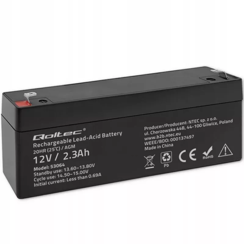 Verzegelde AGM-accu QOLTEC 12V 2,3Ah voor UPS- en back-upsystemen, max. ontlading 34,5A