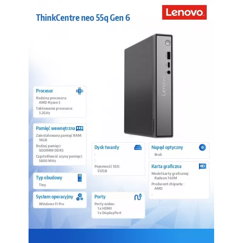 Lenovo ThinkCentre neo 55q Gen 6 13GN000MPB mini-pc, AMD Ryzen 5 220, 16GB DDR5, 512GB SSD, Windows 11 Pro