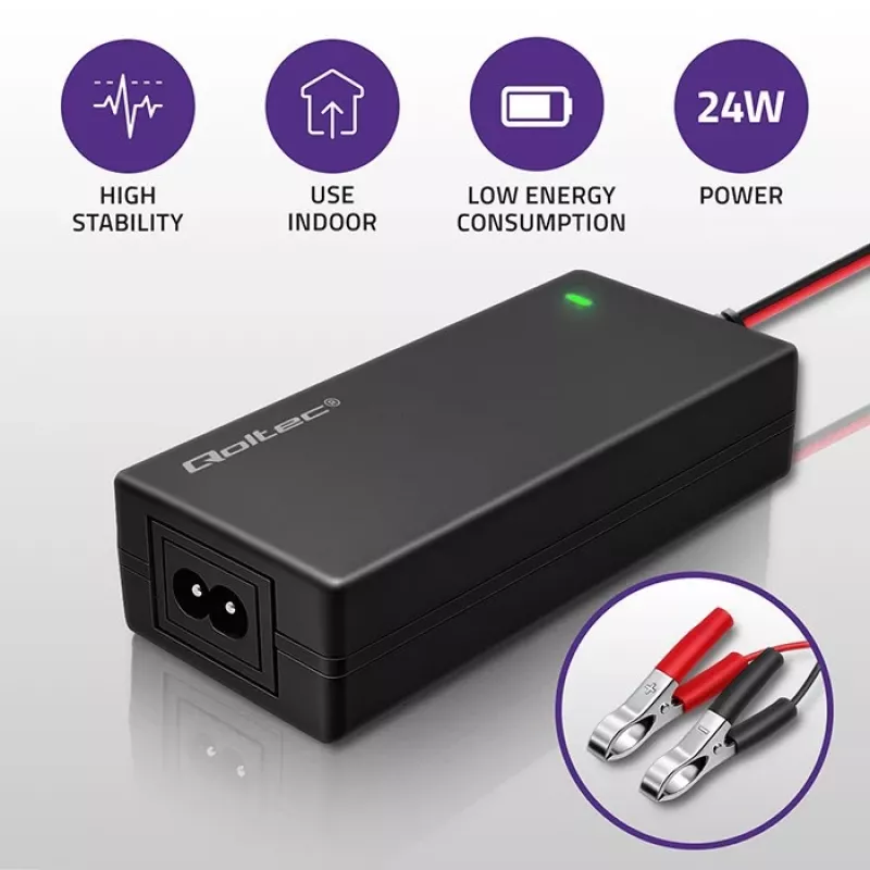 Qoltec automatische acculader voor AGM GEL STD | gelijkrichter 12V | 2A | 24W | LED | kabel 1,8m