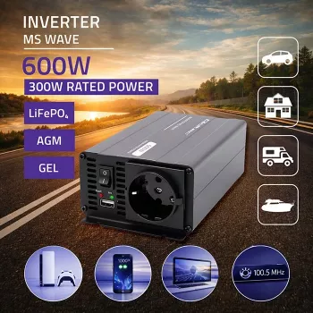 Qoltec MS-golf omvormer 12V naar 230V 300/600W USB compatibel met LiFePO4 GEL AGM