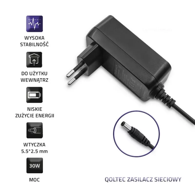 Qoltec stekkeradapter 30W 15V 2A 5,5x2,5mm zwart
