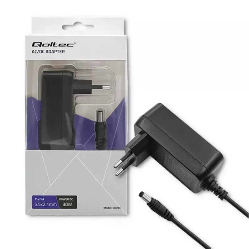 Qoltec stekkeradapter 30W 15V 2A 5,5x2,5mm zwart