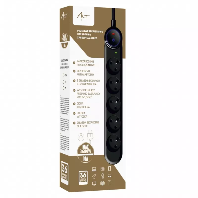 ART F2100 stekkerdoos 5 stopcontacten 16A 1,5m zwart