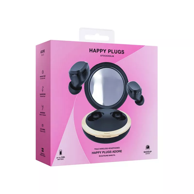 Happy Plugs Adore draadloze in-ear-koptelefoon met spiegel-oplaadcase (zwart)