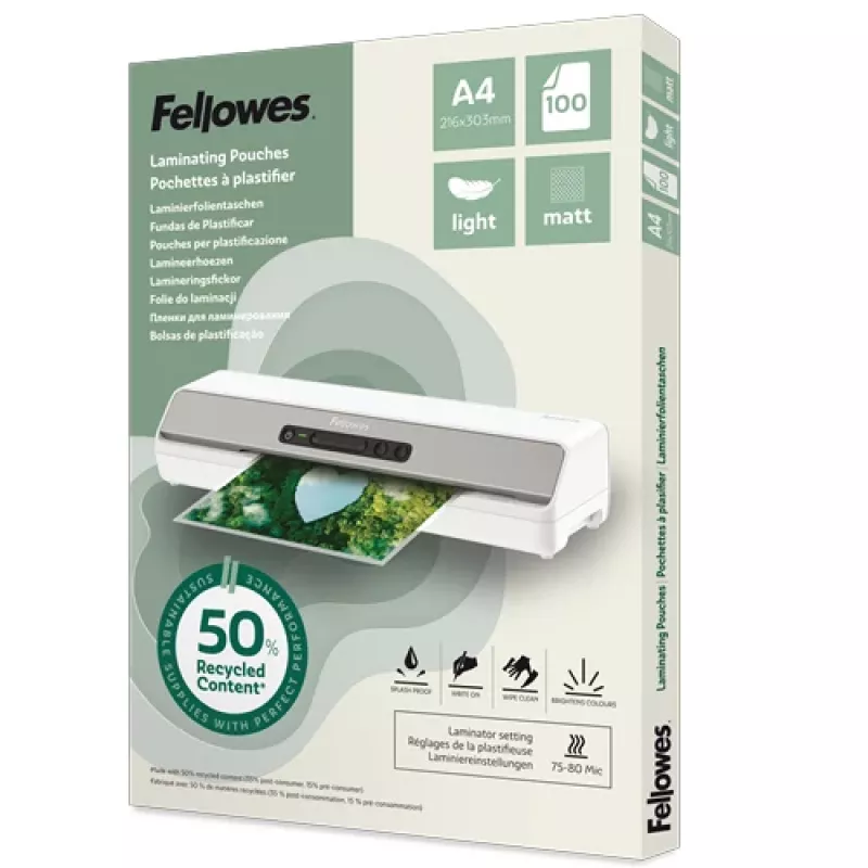 Fellowes 100-pack A4 matte lamineerhoezen, 80 micron, gerecycled