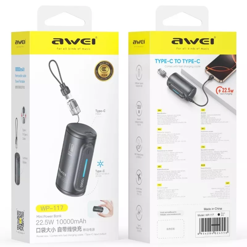 AWEI WP-117 powerbank 10000mAh 22.5W 3C2xUSB-C zwart